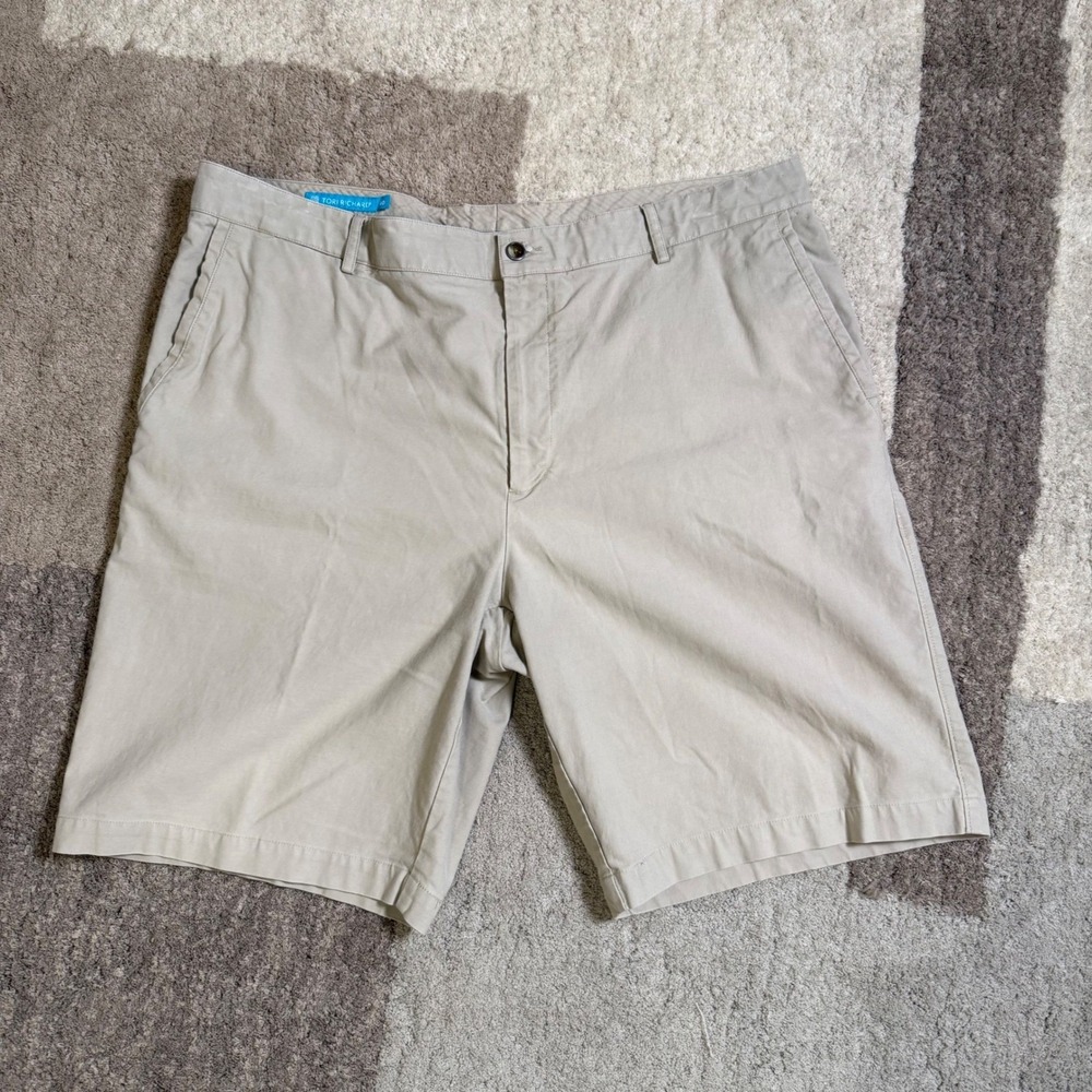 Tori Richard Mens 40 Khaki Tan Chino Shorts Cotton Tencel Stretch Flat Front